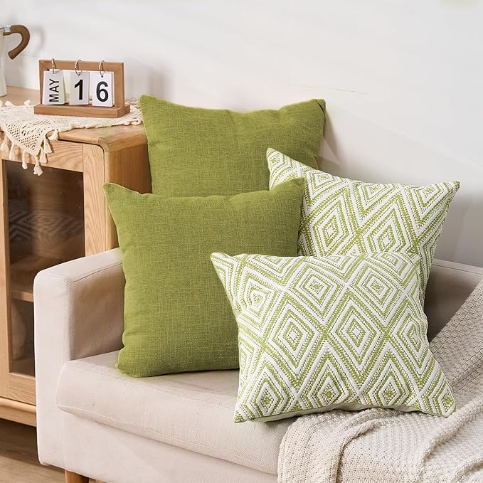 HPUK Decorative Throw Pillow Covers Set of 4 Geometric Design Linen Cushion Cover for Couch Sofa Living Room, 18"x18" inches, Green