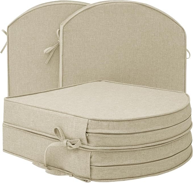 Outdoor Chair Cushions, Fade-Resistant & Water-Resistant, D Shaped Patio Furniture Seat Chair Pads Replacement with Ties, Non-Slip Bottom, Removable Cover, Set of 4, 19 x 19 Inch, Beige