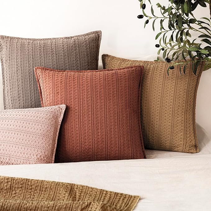 Foindtower Set of 2 Decorative Cotton Waffle Weave Textured Throw Pillow Covers Euro Sham Cushion Covers Accent Pillowcase For Bed Couch Sofa Bedroom Living Room Home Decor 18×18 Inch Fall Rust Orange