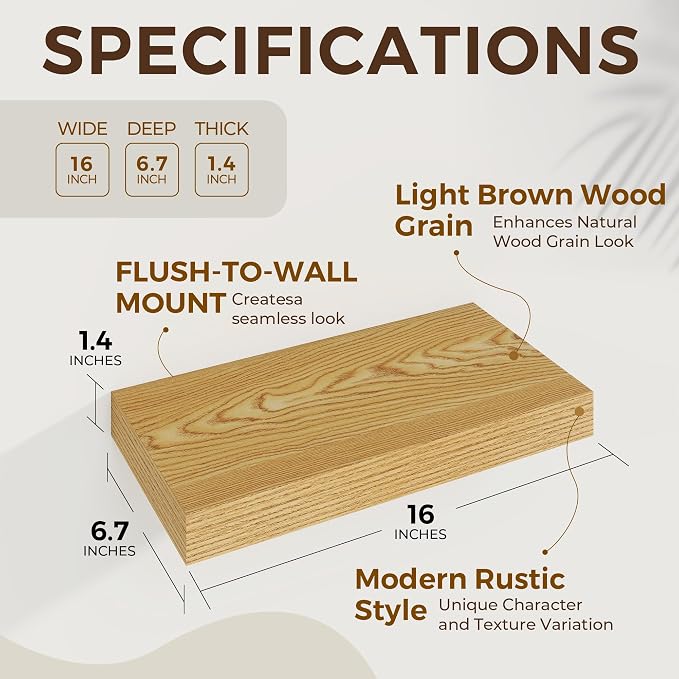 Dreamland 16" Floating Shelves 6.7" Deep Wall Mounted Set of 2 | Wall shelves for bathroom, bedroom, Living Room, kitchen, deep wall mount wood storage display for home decor 16" x 6.7"