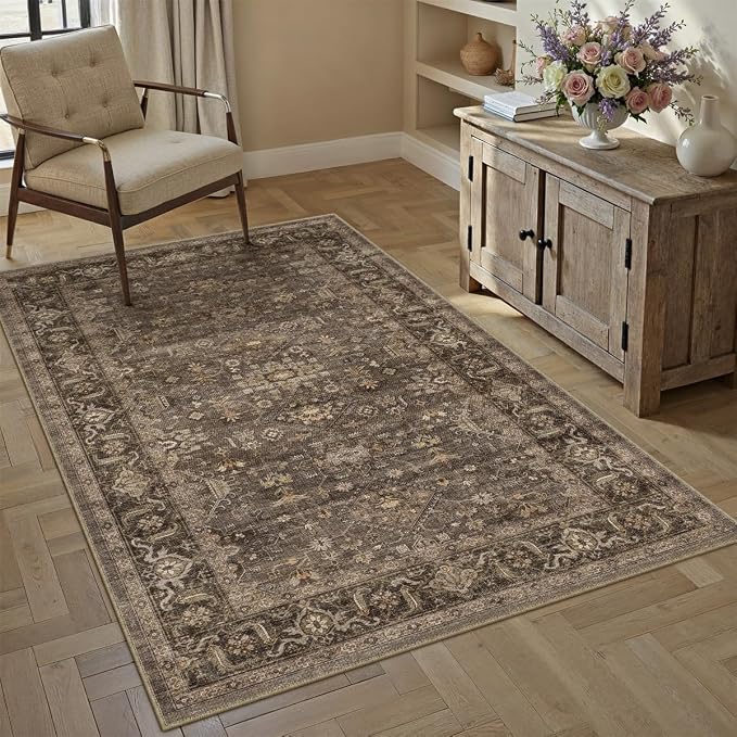 4x6 Washable Area Rug for Living Room Bedroom Vintage Brown Soft Low Pile Carpet Traditional Retro Non Slip Throw Rug for Dining Room Entryway Indoor Dorm Kitchen
