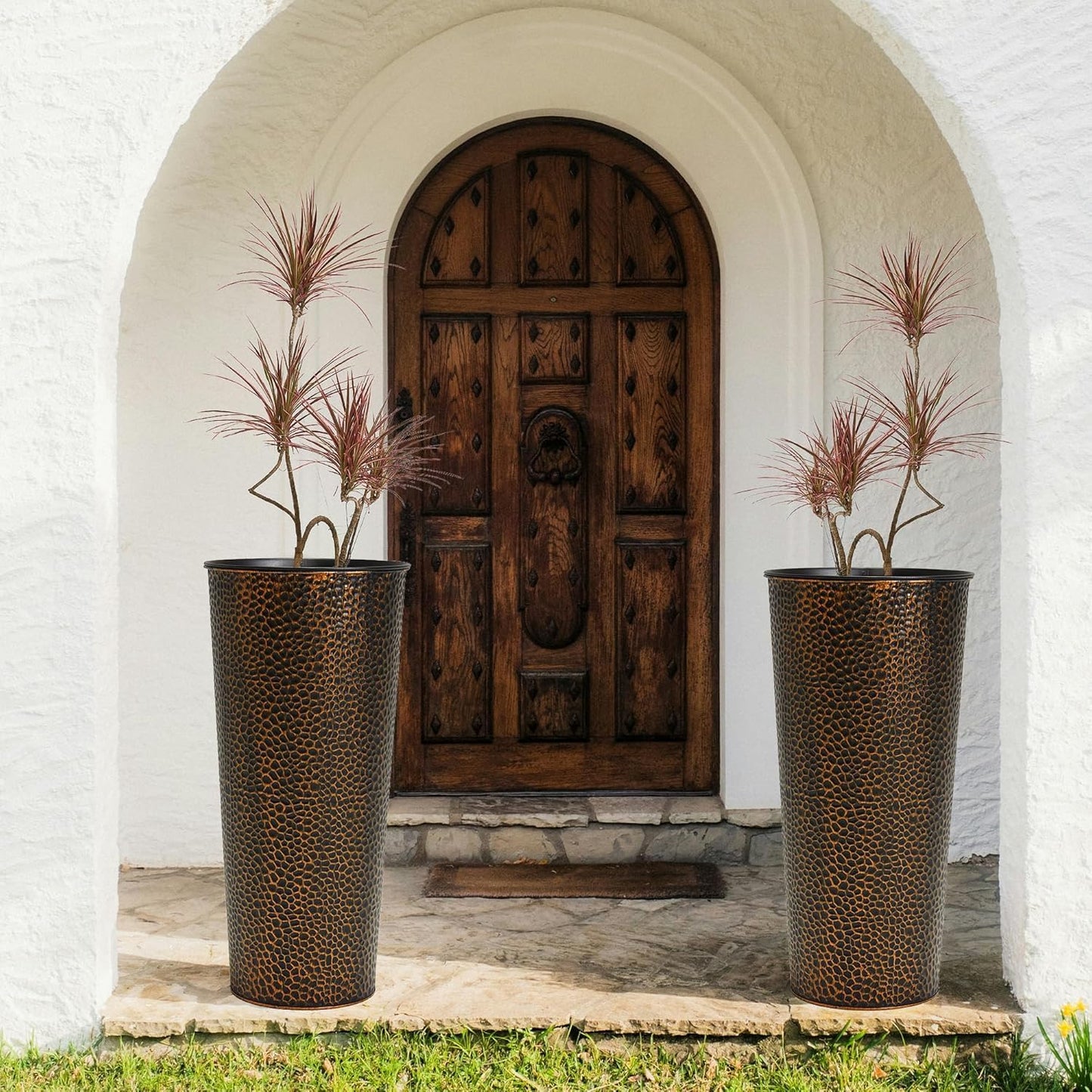 Worth Garden 2-Pack 28" H. Metal Planters with 2X Inside Pots - Hand-Hammered Texture Tall Narrow Cone Plant Pots - Large Handcrafted Bronze Flower Pot for Indoor Outdoor, Deck, Patio, Front Porch