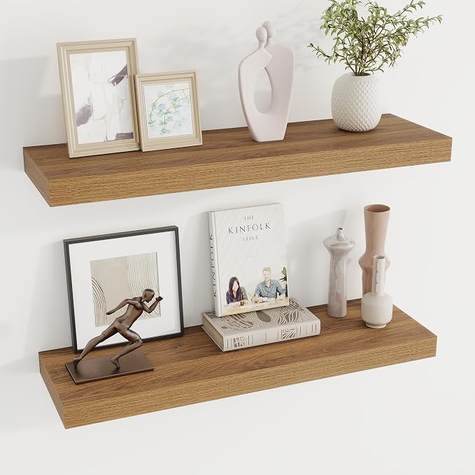 Dreamland 30Inch Walnut Floating Shelves 8" Deep Wall Mounted Set of 2 | Wall shelves for bathroom, bedroom, Living Room, kitchen, deep wall mount wood storage display for home decor 30" x 8"