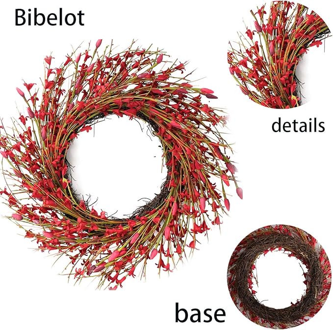 Bibelot 18inch Artificial Forsythia Flower Wreath, All Year Around Wreath for Front Door, Wedding Window Home Wall Indoor Front Door Decor (red, 18in)
