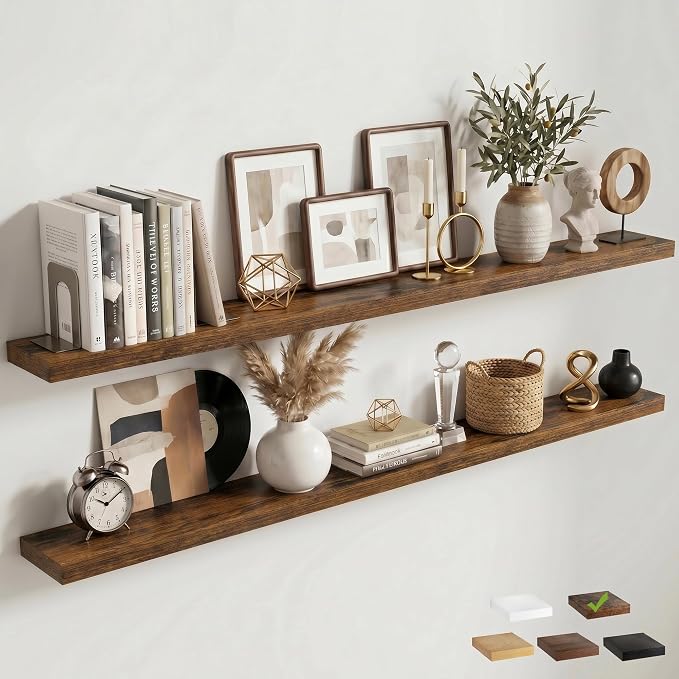 Venusmiles Floating Shelves for Wall, 72 Inch Floating Shelves Set of 2, 6.5" D Wooden Wall Mounted Display Shelves with Invisible Brackets for Living Room, Bedroom, Bathroom, Kitchen Decor, Brown