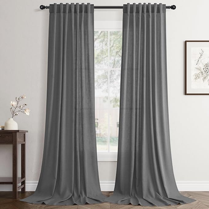 Jowels Dark Grey Linen Curtains 90 Inch Long 2 Panels for Living Room | Light Filtering Semi Sheer Curtain, Back Tab Pocket Pleated Look, Boho Farmhouse Textured Privacy Drapes for Bedroom Window
