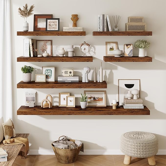 Fun Memories Wood Floating Shelves 20 Inch, 12 Inch Deep Shelves Wall Mount, Wall Shelves with Invisible Bracket, 20" Floating Shelves for Living Room Bathroom Bedroom, Rustic Brown, Set of 2