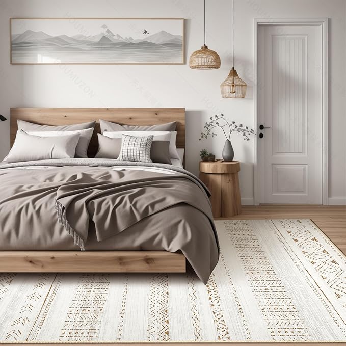 cotiled 6x9 Area Rug Living Room: Washable Boho Rugs with Non Slip Backing Large Soft Indoor Stain Resistant Carpet for Bedroom Farmhouse Dining Room Lightweight Home Decor L Brown/Cream