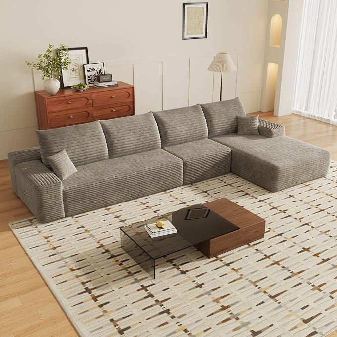 135" Corduroy Couch Sectional with Chaise, L Shape Boneless Cloud Couches for Living Room Bedroom, Fluffy Deep Seat Compression Sofa, Modular Corner Couch No Assembly, Right Facing Chaise, Camel
