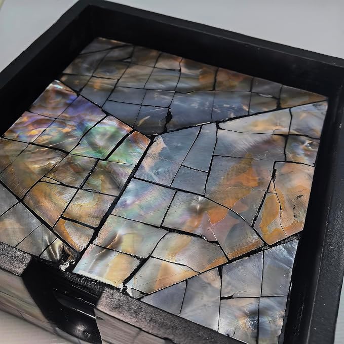 i-lan Mother of Pearl Coasters Set of 6 with Holder - 4.7" Square Drink Coasters for Kitchen, Dining Room, Coffee Table - Black Mosaik Pattern, Shell Inlay Cup Mats