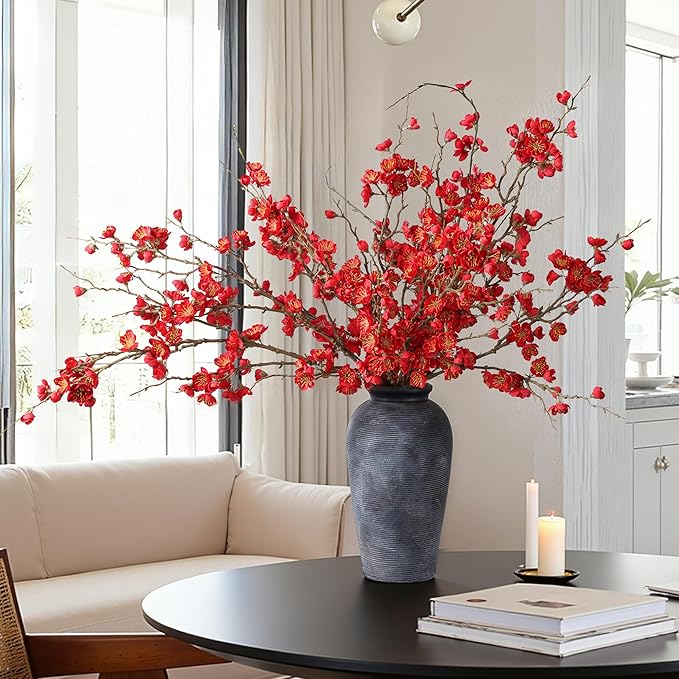 florisso 6 PCS Artificial Cherry Blossom Branches Spring Indoor Decoration, Faux Red Flowers 34.45" Long Stems Fake Plum Peach Plants Real Touch Silk for Wedding Home Bedroom Party Table Office