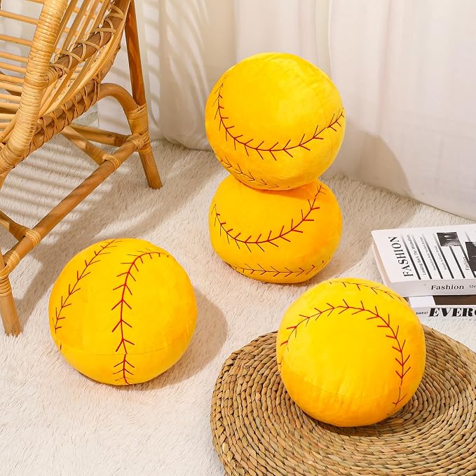 Gerrii 4 Pcs Softball 3D Sports Pillow Fluffy Plush Stuffed Throw Pillow Sport Theme Plush Stuffed Cushion Gift Decor (Softball)