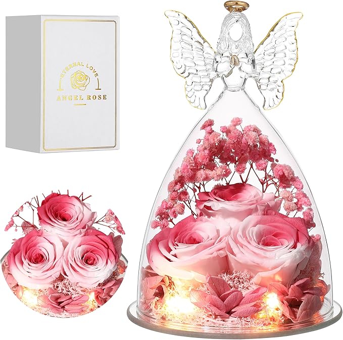 Mothers Day Rose Gifts for Women Preserved Real Flower in Glass Angel Figurines Roses for Delivery Prime Birthday Gifts for Mom Grandma Girlfriend Wife Her, Pink White