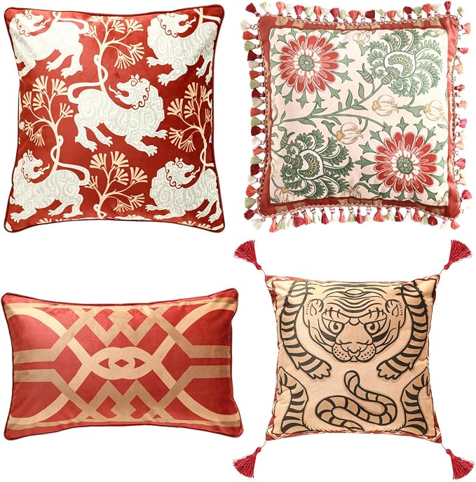 patdrea Designer French Velvet Throw Pillow Cover,Set of 4,-Clarence | Elegant Vintage Lumbar Pillow Case with Zipper,Red Floral Pattern,Decor Cushion Coverfor Couch Living Room Bedroom Sofa