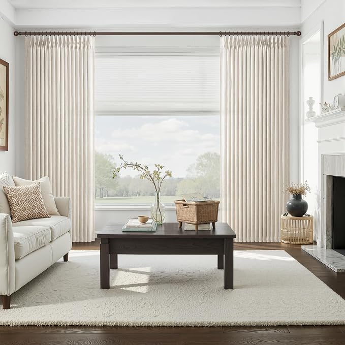 Pinch Pleated Birch Extra Wide 70 Inch Curtains 108 Inches Long for Sliding Door, Memory Trained Natural Linen Semi Sheer Light Filtering Heavy Lux Curtain with Back Tab Bedroom Large Windows 1 Panel
