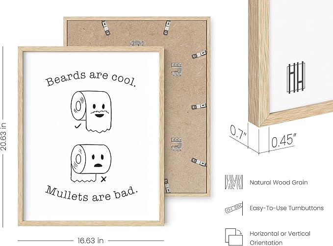 HAUS AND HUES Funny Bathroom Decor – Beard and Mullet Poster, Playful Restroom Artwork, Humorous Sign for Home or Guest Washroom (16x20, Beige Frame)