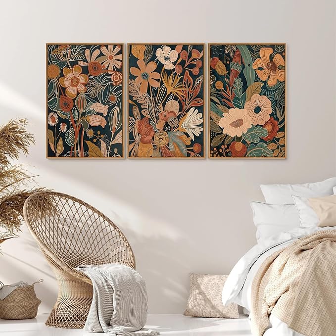 Tinonedraw Burnt Orange Floral Framed Canvas Wall Art Set of 3, Boho Chic Flower Artwork, Mid Century Modern Wall Decor, Colorful Neutral Botanical Art Prints for Bedroom Living Room Office 24"x36"