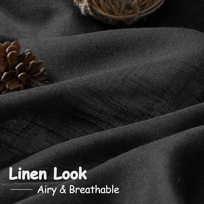 Nanspring Black Semi Sheer Linen Curtains 72 inch Length for Living Room Back Tab Rod Pocket Modern Farmhouse Coastal Decor Cotton Textured Gauze Curtains for Dining Room Office 52x72