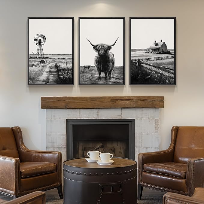 Large Framed Black and White Wall Art for Living Room, Modern Highland Cow Canvas Prints Paintings Set of 3 Pieces, Contemporary Farmhouse Barn Windmill Pictures for Bedroom Dining Room Hallway Wall Decor 20x30 Inch
