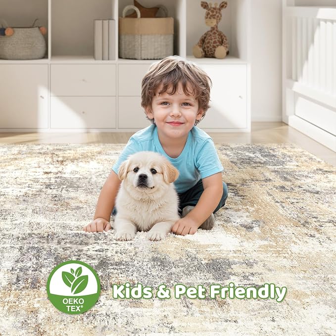 LOONGRUG 7x9 Area Rug Living Room: Machine Washable Large Abstract Soft Rugs Stain Resistant Indoor Floor Non Slip Accent Carpet for Bedroom Nursery Playroom Office Dining Room Dorm Home- Gray Gold