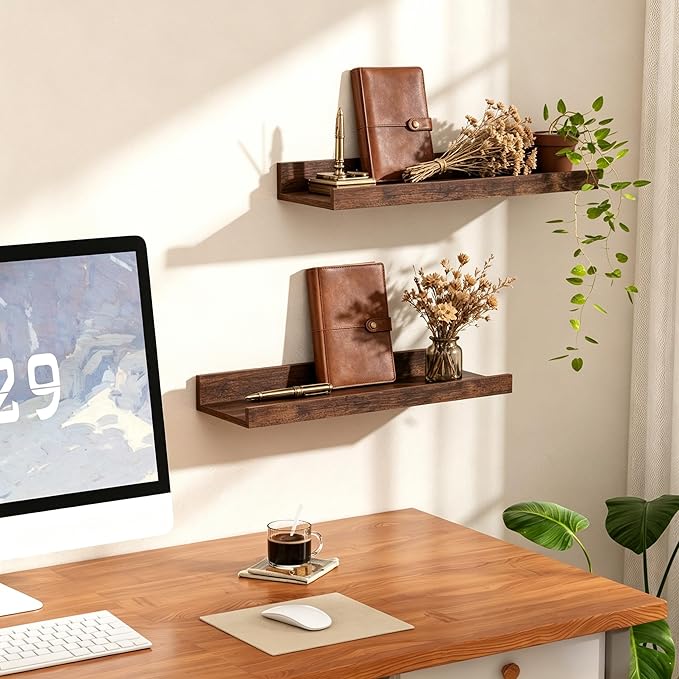 upsimples Floating Shelves for Wall, Wall Shelves for Decor Storage Set of 6, Wall Mounted Wood Shelf for Bedroom, Living Room, Bathroom, Kitchen, Picture Ledge Shelf, Brown
