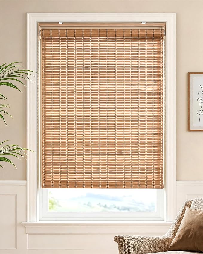 LazBlinds Cordless Bamboo Roller Shades, 24" W x 70" H, Brown206 | Natural Light Filtering Bamboo Window Blinds, Bamboo Roll Up Shades for Bedroom Living Room Office Indoor