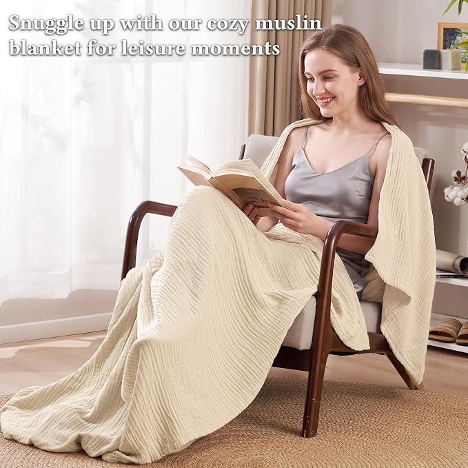David's Home Soft Muslin Blanket King Size for Adults, 60% Rayon 40% Cotton, Breathable Lightweight Cooling Blanket for Hot Sleepers, 4-Layer Cozy Gauze for Bed, 108"x90", Natural/Birch