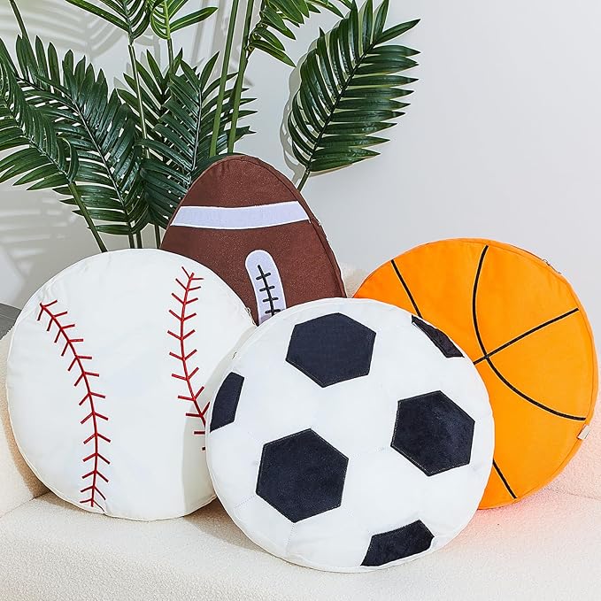 Juexica Sports Throw Pillows Fluffy Stuffed Soccer Basketball Baseball Pillow Plush Toy Sport Cushion for Room Decor Birthday Present(Large,Assorted Color,4)