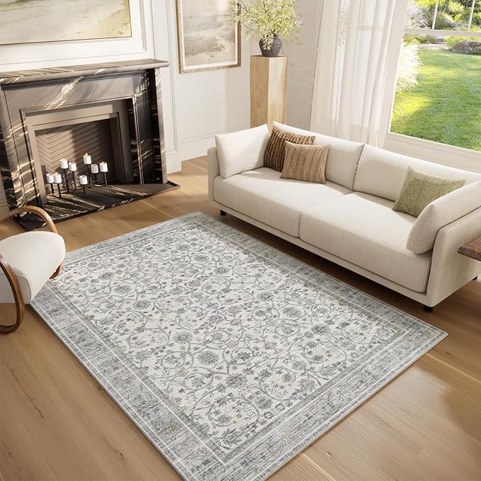 Washable Rugs for Living Room: 5x7 Area Rugs for Bedroom Ultra Soft Non-Slip Stain Resistant Vintage Boho Large Carpet for High-Traffic Dining Room - Farmhouse Decor