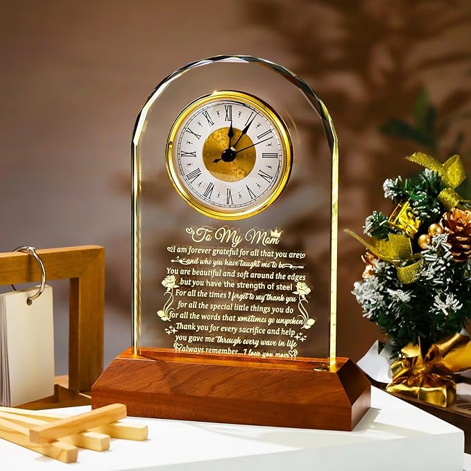 Arikyrist Glass Clock Gifts for Mom from Daughter Son with Wooden Light Base, Personalized Gift for Mom Who Has Everything on Birthday Mother's Day, Present for Mother on Christmas Home Desk Clock