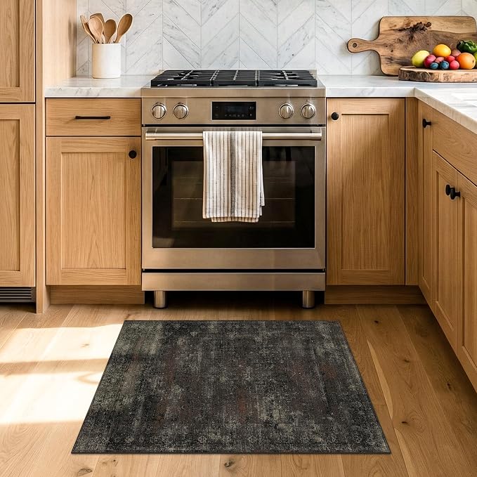 Black Washable 2x3 Rugs for Entryway, Non-Slip Low Pile Entry Rug, Stain Resistant Indoor Mat for Kitchen, Bathroom & Mudroom, Dark Farmhouse Volcanic Charcoal Design