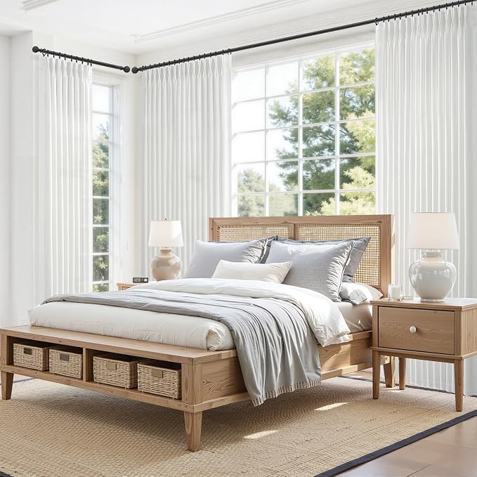 102 Inch Extra Long Pure White Curtains for Sliding Glass Doors 4 Panels Set, Memory Shape Pinch Pleat Semi Sheer Thick Natural Linen Blend Curtain Light Filtering Non See Through Luxury Window Drapes