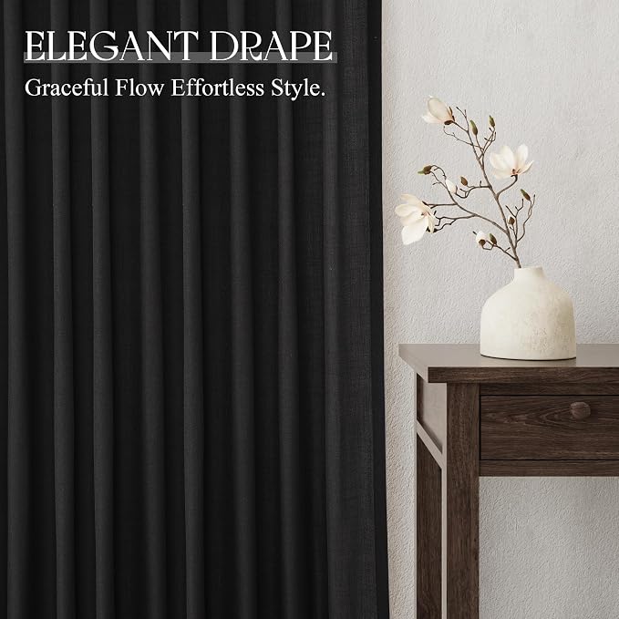 Jowels Black Linen Curtains 108 Inch Long 2 Panels for Living Room | Light Filtering Semi Sheer Curtain, Back Tab Pocket Pleated Look, Boho Farmhouse Textured Privacy Drapes for Bedroom Window