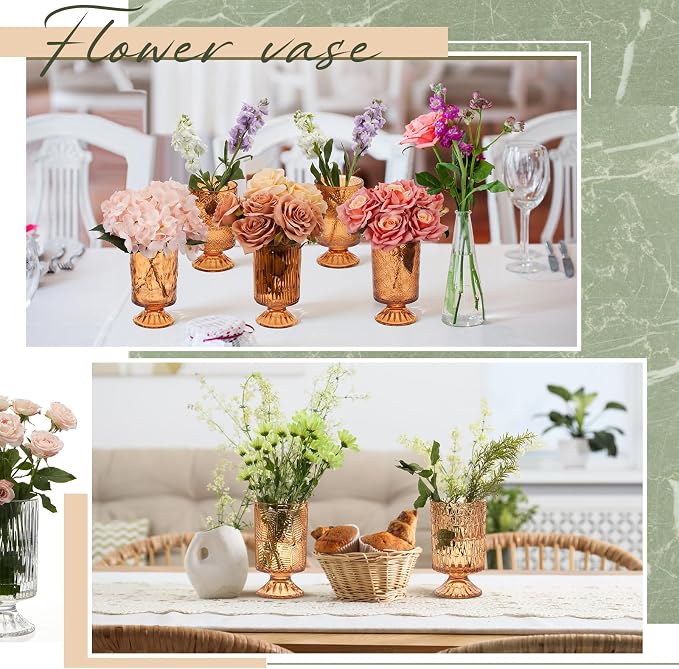 9 Pcs (H: 7" W: 4") Embossed Flower Vase Pedestal Glass Vase Big Base Thickened Crystal Vintage Vases for Wedding Party Home Decor Table Centerpiece House Warming Gifts (Amber,Stylish)