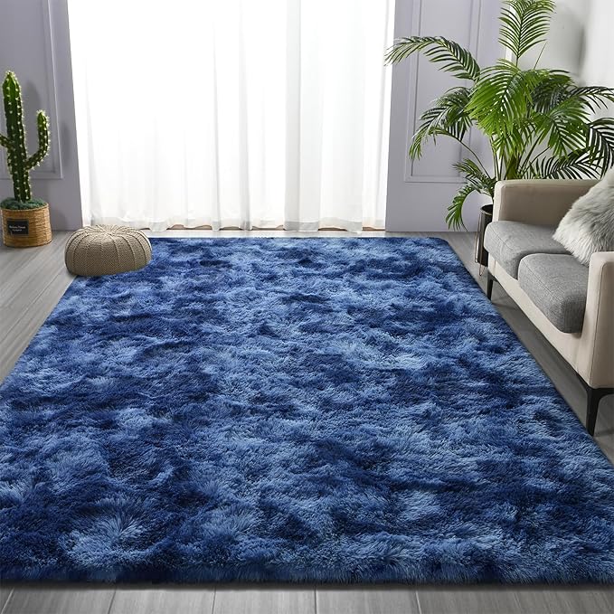 Deerhoo Shag Area Rug, 4 X 6 Plush Fuzzy Rugs for Living Room, Ultra Soft Fluffy Furry Rug for Bedroom, Indoor Carpet Nursery Rugs for Kids Room Home Decor, Tie-Dyed Navy Blue