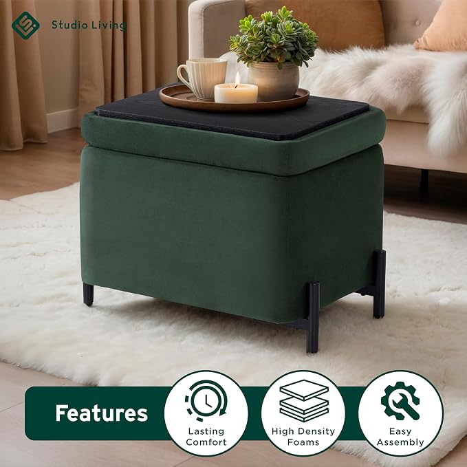 Studio Living Connor 24” Small Storage Ottoman with Reversible Tray Lid, Velvet Upholstered Footrest & Accent Bench, Hidden Storage, Metal Legs, Modern Boho Design, Green