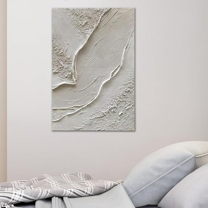 NANKAI Art Hand-Drawn 45x30 inch White Textured Art Oil Painting in Modern Large Abstract Style, Suitable as a Home Office Wall Decoration