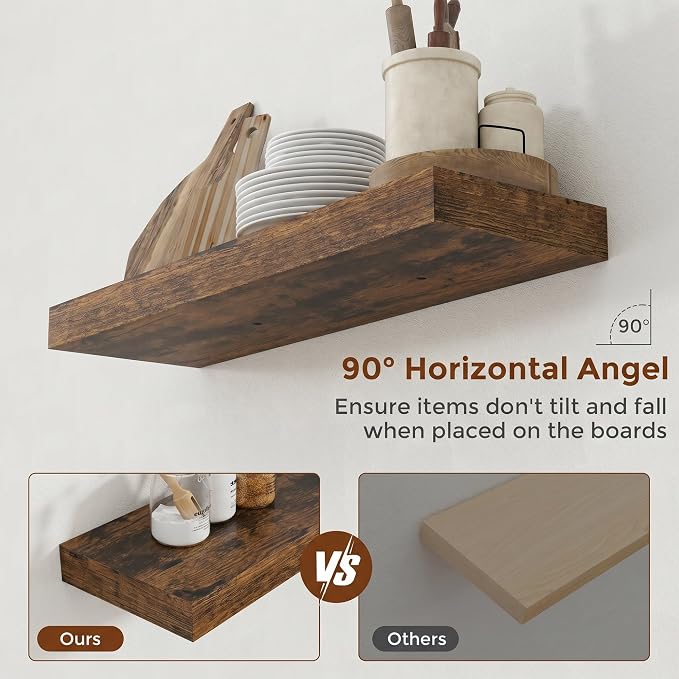 Heimlove 28 Inch Floating Shelves for Wall Rustic Brown Shelves Set of 2,Wall Mounted Rustic Wood 8 Inch Deep Floating Shelf with Invisible Brackets for Bedroom Kitchen Living Room