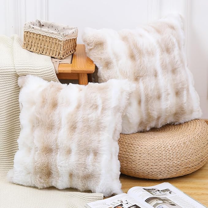 MADIZZ Pack of 2 Thick Plush Faux Wool Throw Pillow Covers Soft Boho Throw Pillows Luxurious Cushion Covers for Couch Sofa Bedroom Living Room Home Decor 22x22 Inch White Beige
