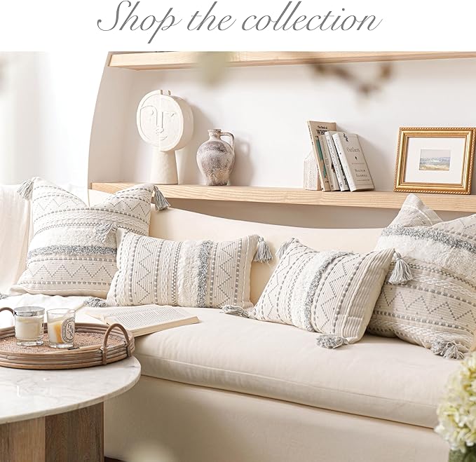 BlissBlush 18X18 Throw Pillow Cover, Cream Neutral Square Decorative Cushion Cover with Gray Pattern, Boho Accent Pillowcase with Tufted Details and Tassels for Couch Sofa Living Room (Cover Only)