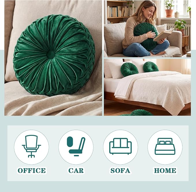 Drydiet 1 Pcs Round Throw Velvet Pillows Decorative Pleated Throw Pillows Diameter Accent Pumpkin Boho Chair Cushion for Couch Sofa Home Decoration (Deep Teal,15'')