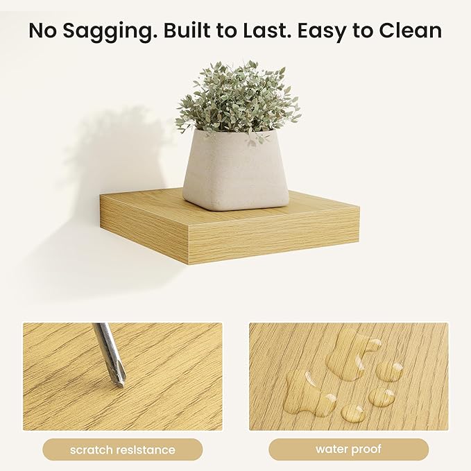 Fun Memories Rustic Wood Floating Shelves for Wall, Space-Saving Wall Mounted Shelves for Bathroom, Bedroom, Living Room and Kitchen, Stylish Storage & Display (Set of 4, Oak, 8 in)