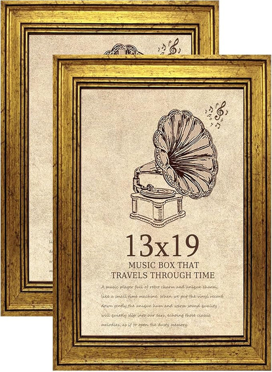 13x19 Picture Frame with Real Glass set of 2-Vintage Frames - Antique Style Frames for Wall - Ornate Frame for Rustic Gold Office or Home Decor Display Family Friends Wedding Gift