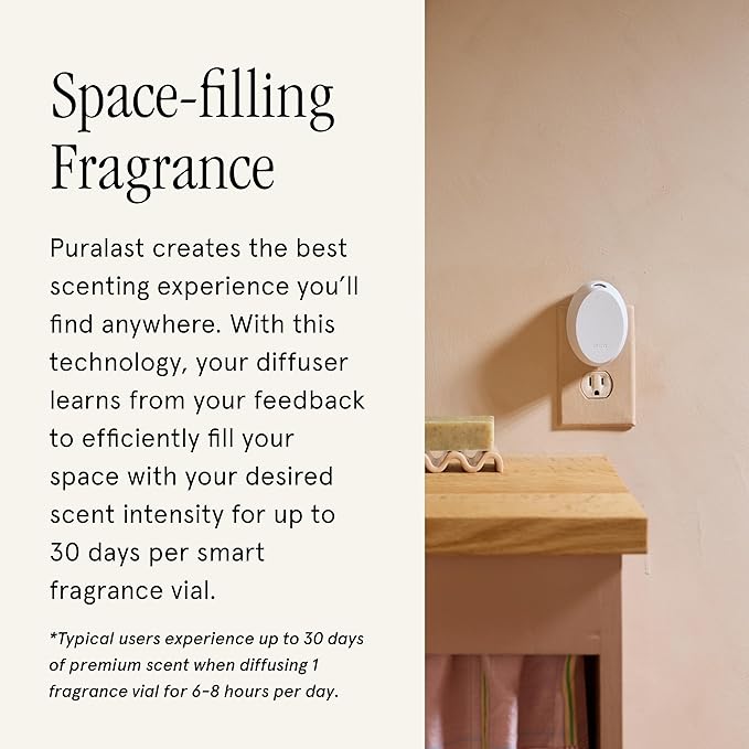 Pura Mini Smart Fragrance Diffuser for Small Spaces Adjustable Smart Home Device with LED Light & Automatic Vial Detection - Includes 1 Scent Refill - Linens & Surf