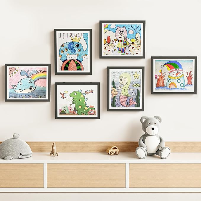 BAIJIALI Black Art Frames for Kids Artwork - Front Opening Holds 150 Drawings, 3D Crafts - 4 Packs 8.5x11 with mat or 9x12 without Mat