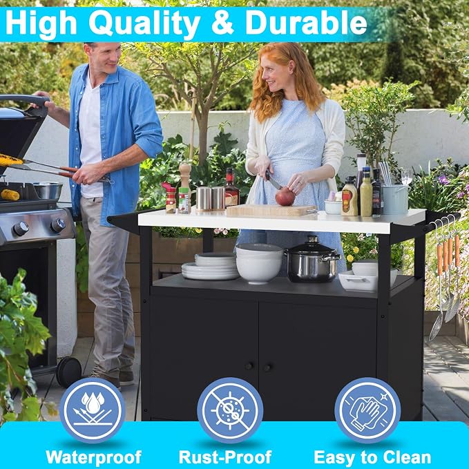 COZEER Outdoor Grill Table with Storage, Movable BBQ Grill Cart, Outdoor Kitchen Prep Station, Rolling Bar Serving Cart with Utensil Hooks, Blackstone Griddle Stand