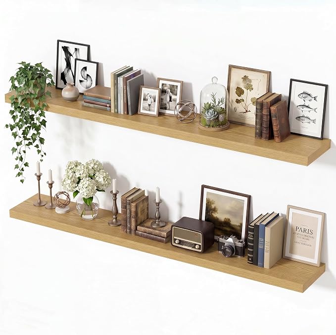 Vivelove Wall Floating Shelves for Display with Invisible Brackets, Long Large Floating Shelves Under TV Over Fireplace Bedroom Living Room Office, 55”X 8”X 1.4", Set of 2 - Oak