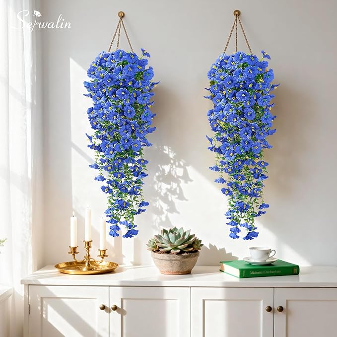 Serwalin Artificial Hanging Flowers for Outdoors UV Resistant, 8PCS Faux Morning Glory Fake Outdoor Flowers Realistic Silk Flower Faux Plants for Outside Planter Front Door Porch Patio Yard Decor