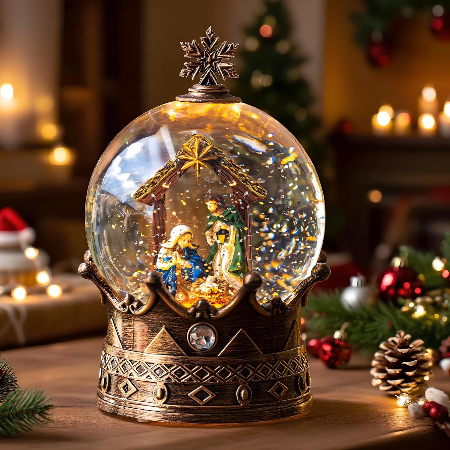 Christmas Snow Globe Lantern Water Glittering Nativity Crown with Music, USB Lined/Battery Operated Lighted Lantern for Christmas Festival Decoration Gifts