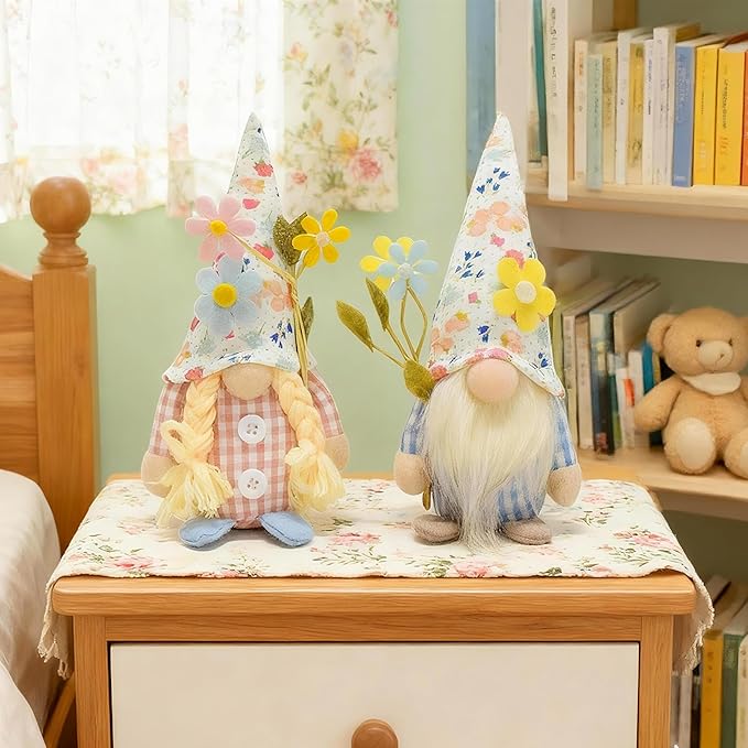 Eimilaly Florals Gnomes Spring Gnome for Home Decorations, Tomte Gnomes Set Ornaments for Garden or Rustic Theme Party Gnome Decor - 2PCS